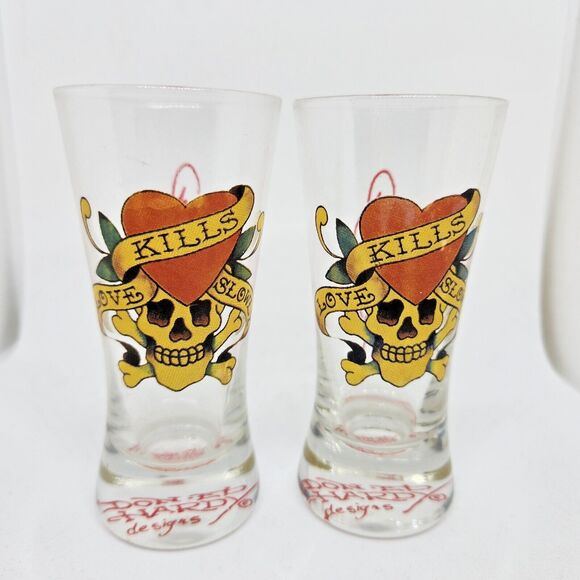 Ed Hardy “Love Kills Slowly” Shot Glasses Set of Two (2) 2oz Shooter Glass Skull - Picture 1 of 6